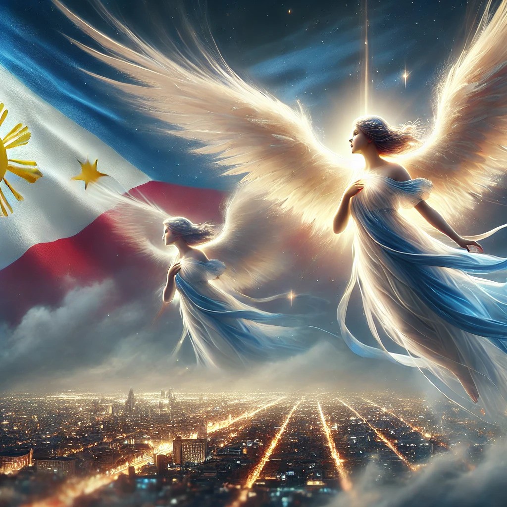 A serene yet powerful image depicting angels hovering over a city, with the angels and the sky rendered in the colors of the Philippine flag