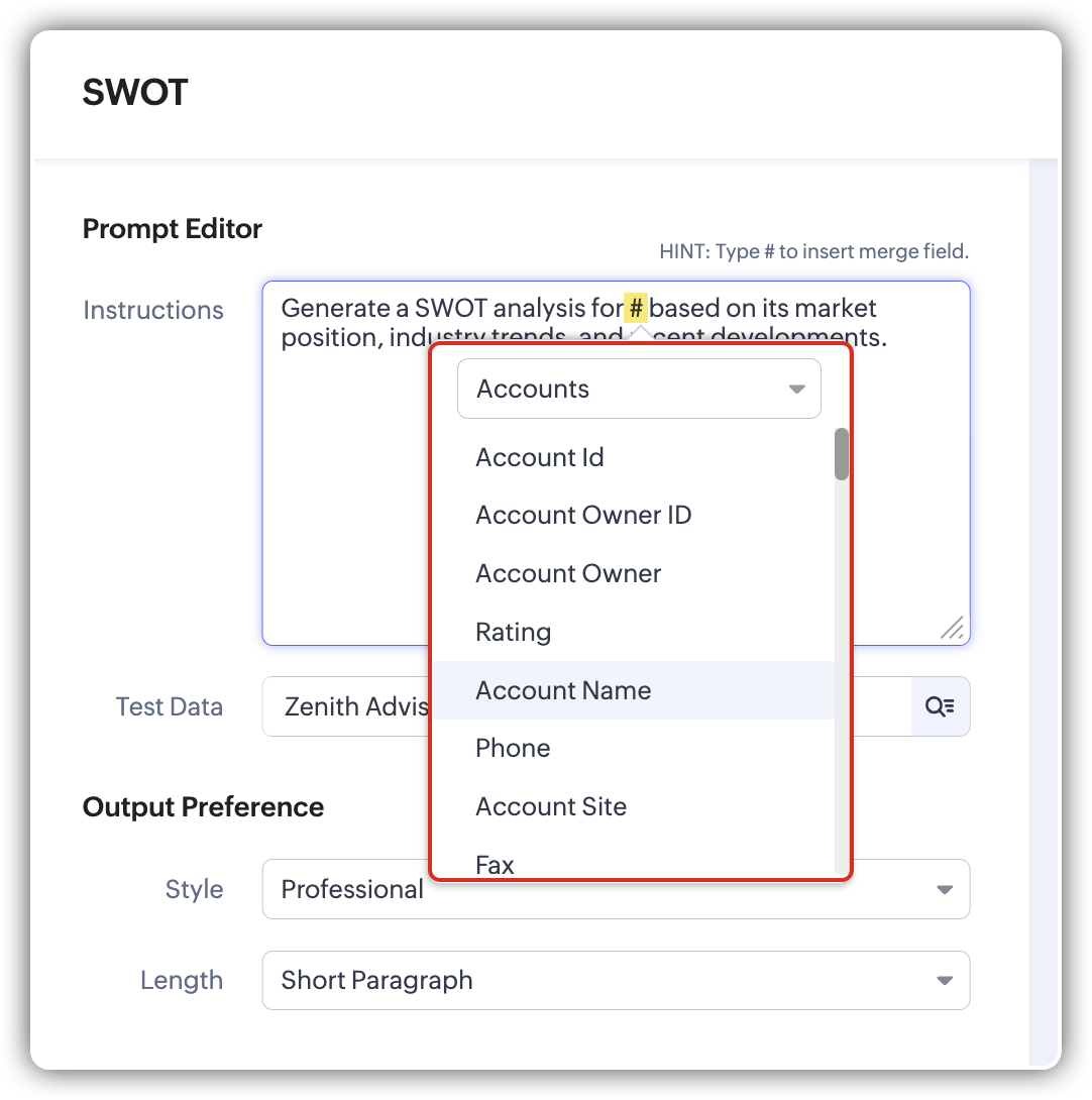 Zoho Prompt Editor showing the merge-field picker opened with a hash character