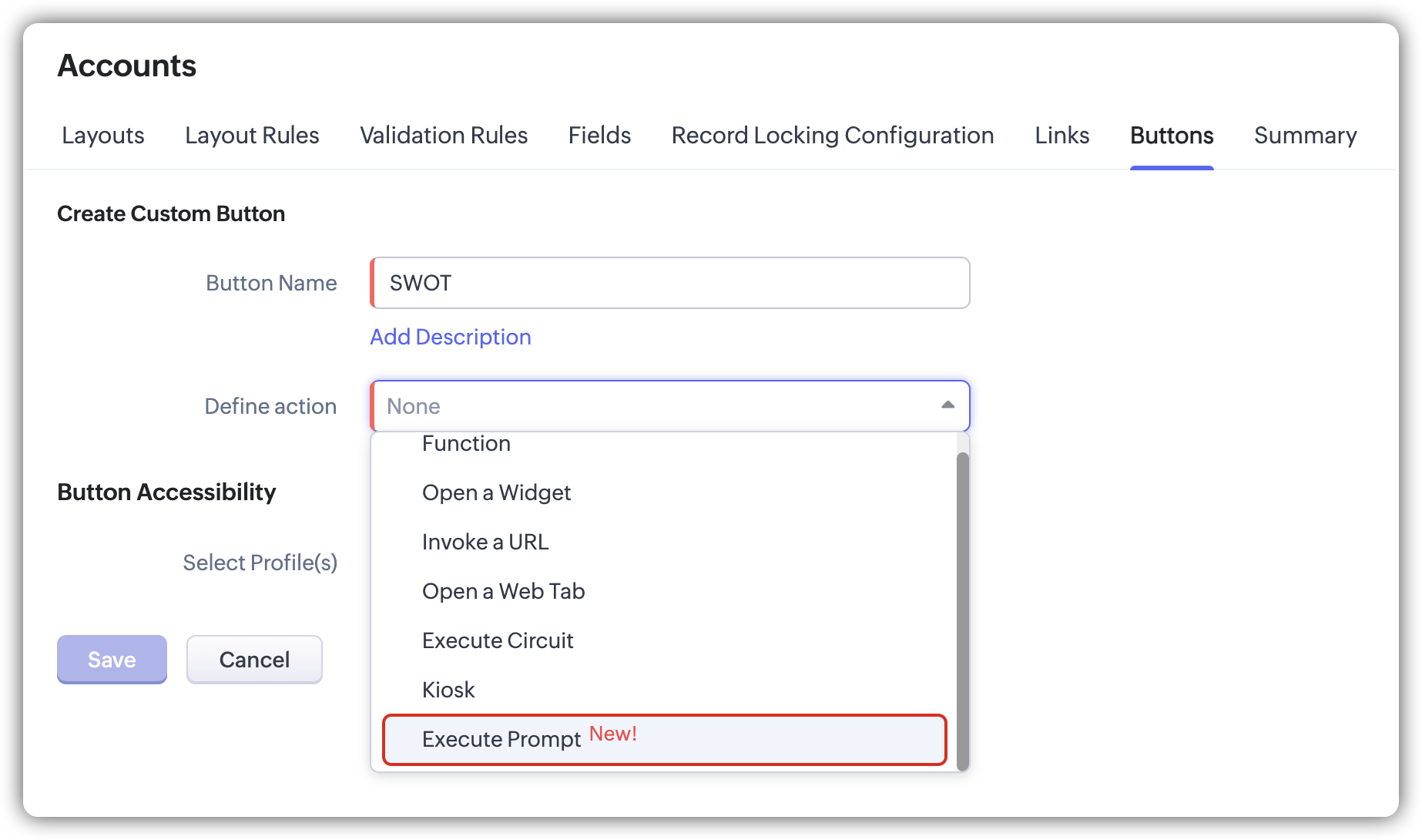 Zoho CRM custom button setup with Execute Prompt selected as the action