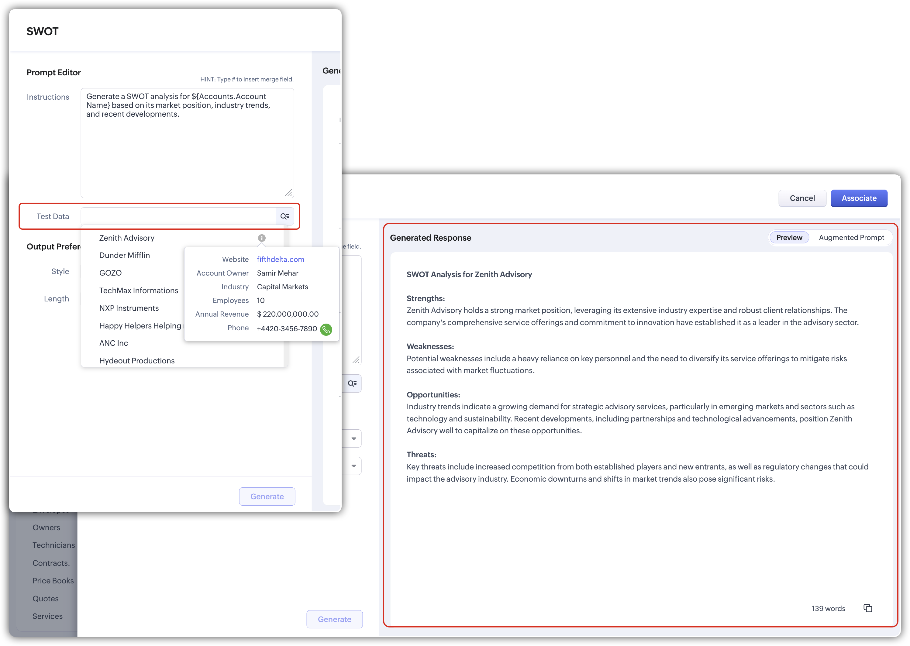 Zoho Prompt Editor preview showing test data and a generated response side by side