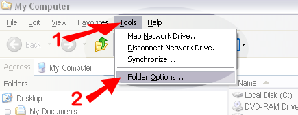 Open Windows Explorer, Click on Tools, Click on Folder Options...