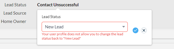 Alert advising user not permitted to change lead status