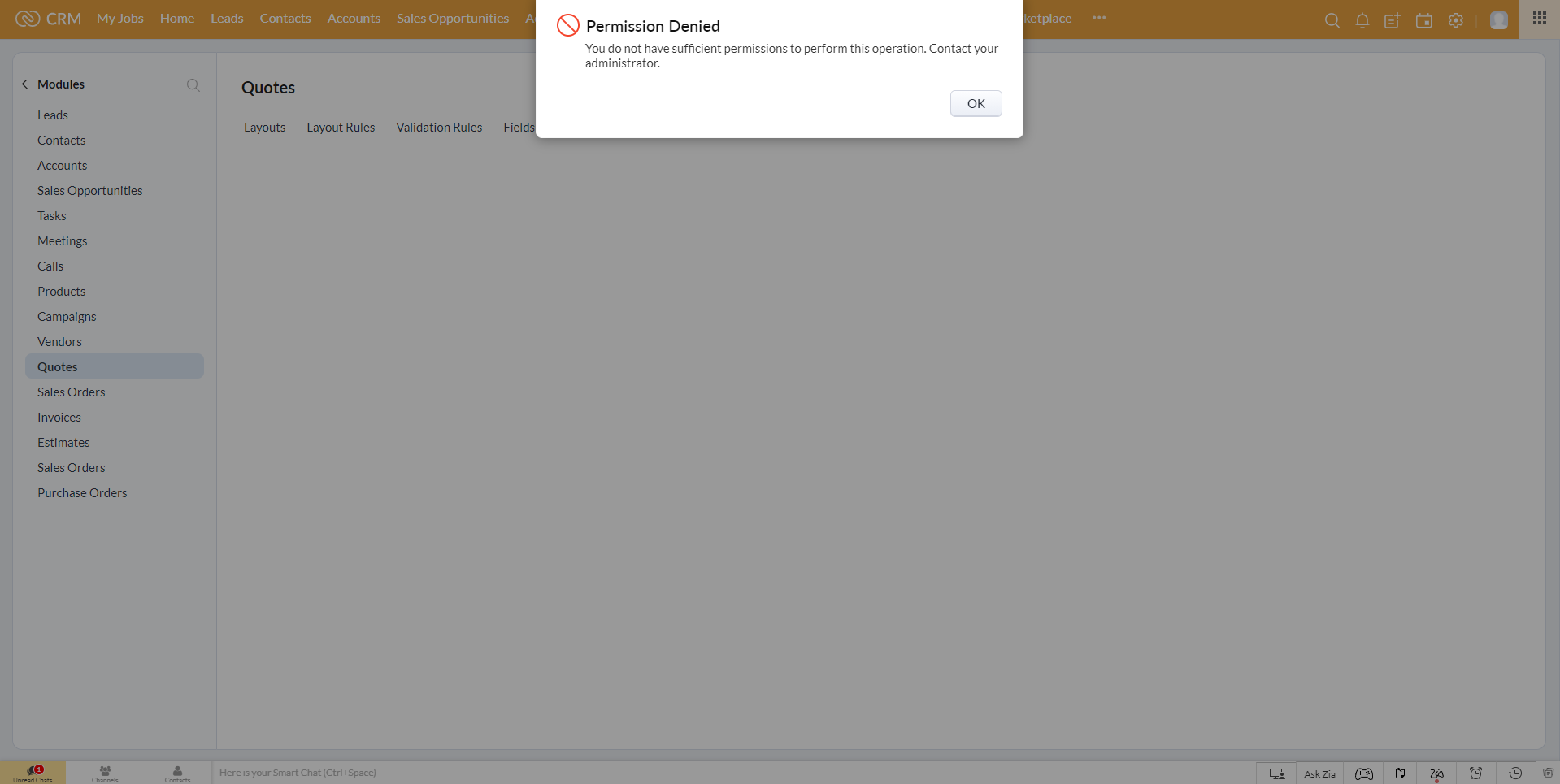 Zoho CRM Issue: Permission Denied for Quote Conversion Mapping: the Error